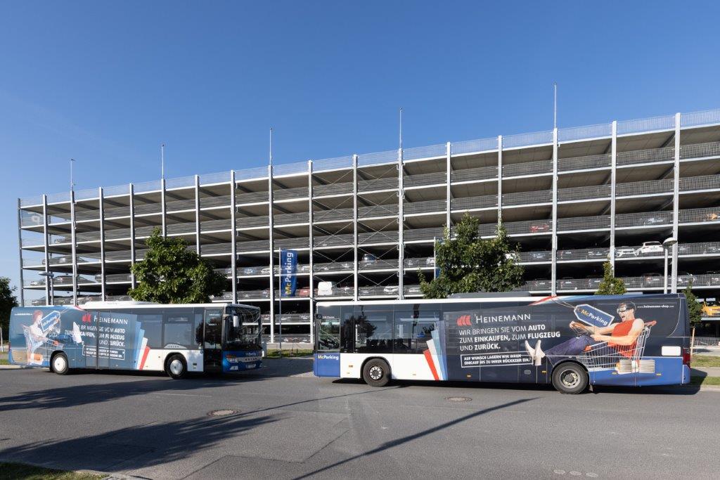 The McParking shuttle buses in front of the car park